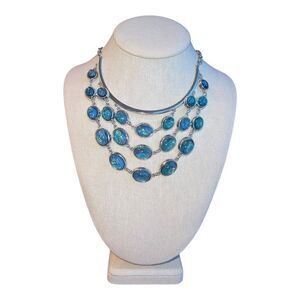 Christopher & Banks SilverTone Link Faux Blue Fire Opal Drape Statement Necklace